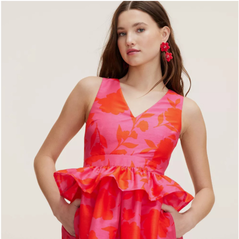 Kate Spade N.Y, Rose Peplum Midi Dress Sz 12 NWT Pink/Red